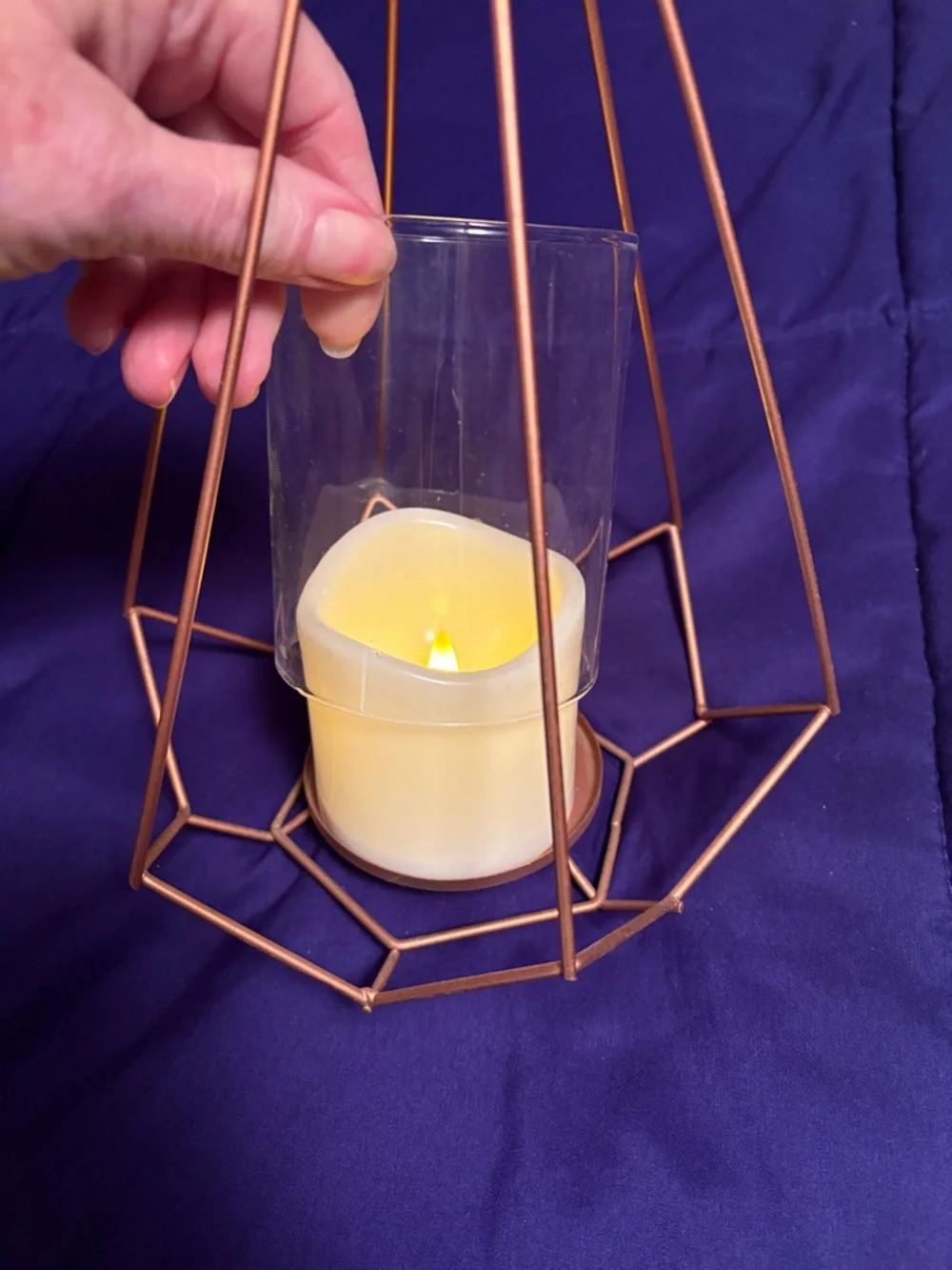 Copper Geometric Metal Lantern with LED Candle - Home Accents